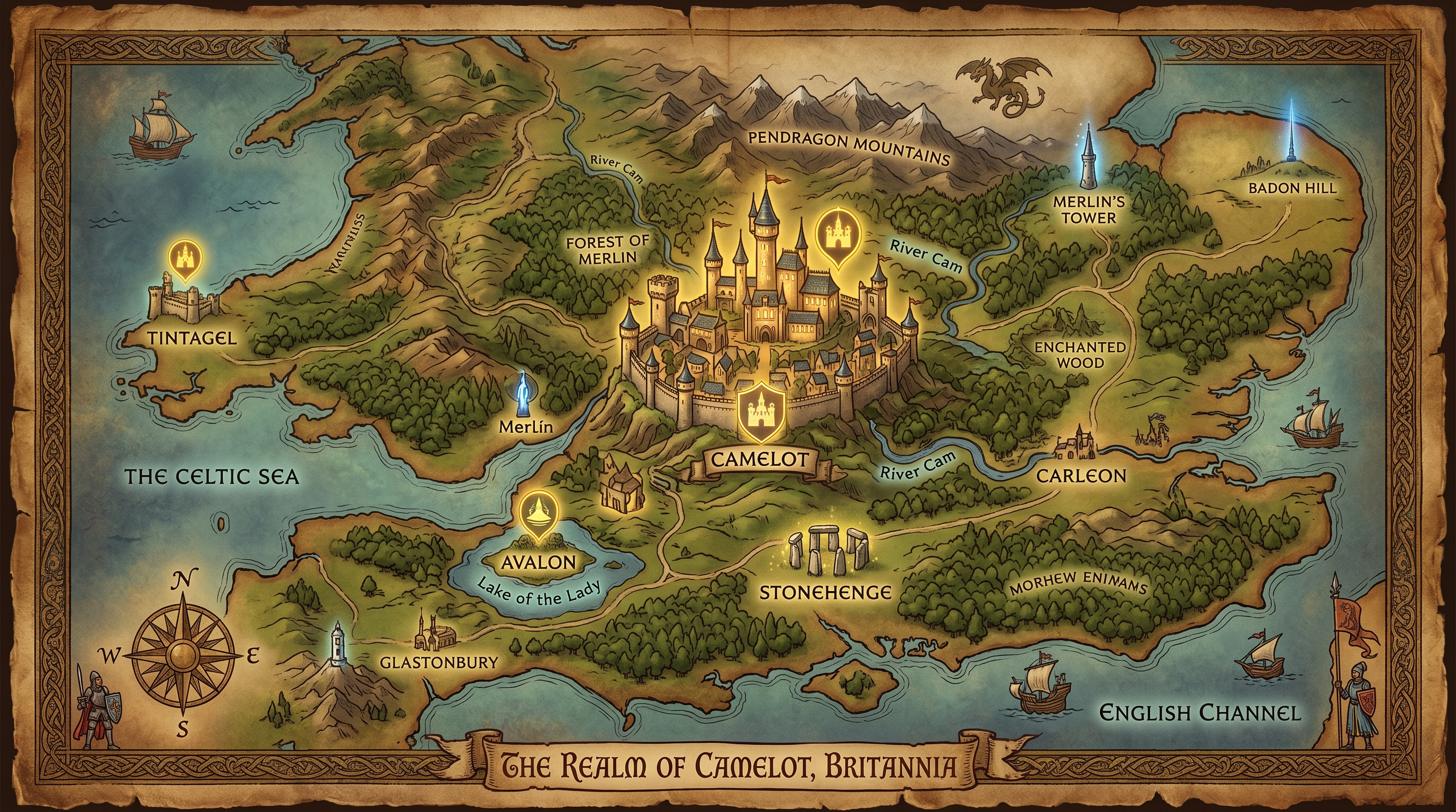 Fantasy map of Camelot, Somerset, England